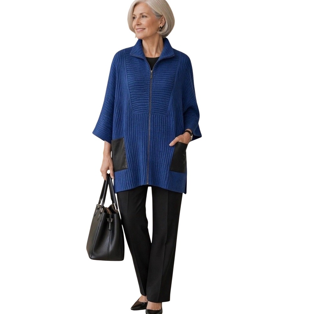 NWT Misook Blue Black Faux Leather Pockets Ribbed Knit Jacket Zipper Size XL‎